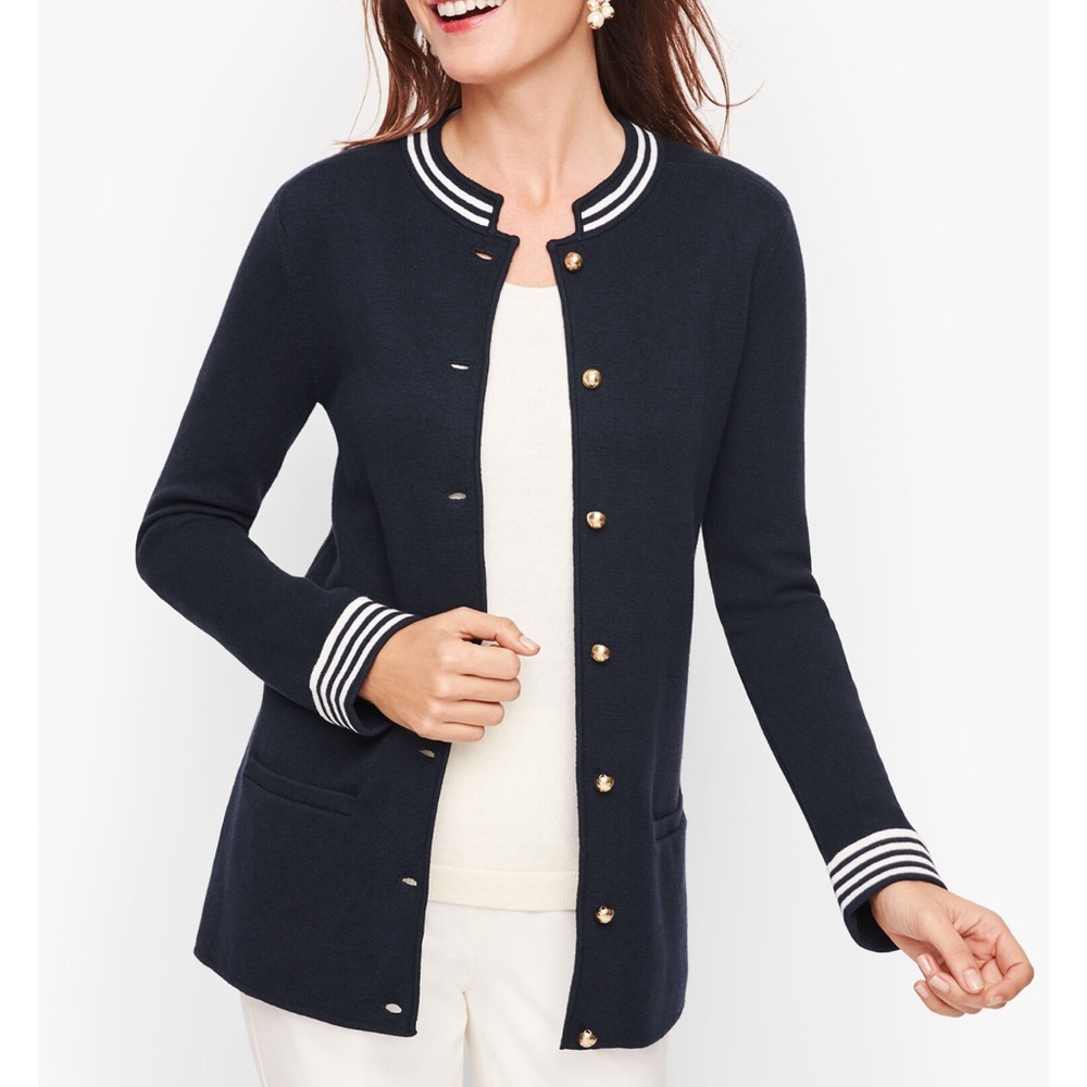 TALBOTS STRIPE TRIM SWEATER JACKET